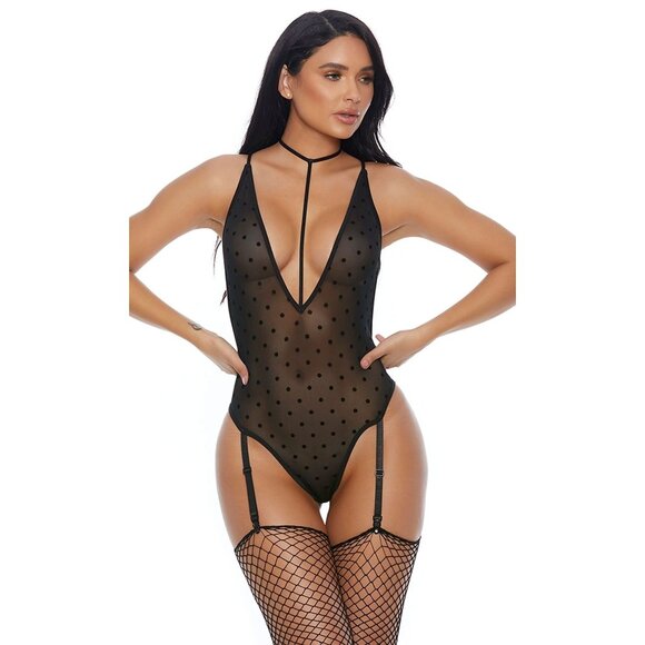 FORPLAY Black Sweet Dot Choker Sheer Teddy Sexy‎ Lingerie NWT - Picture 1 of 3